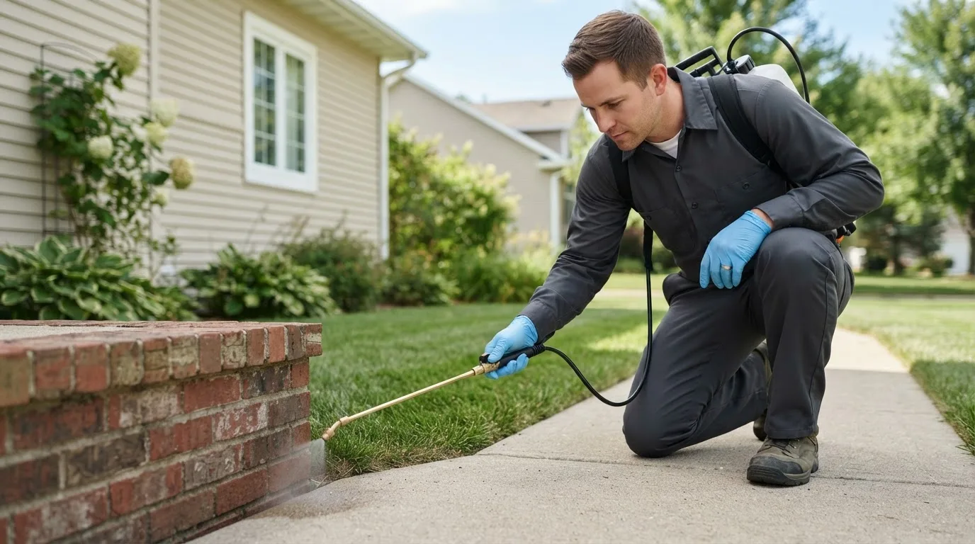 Pest control technician treating a home near Motley, MN
