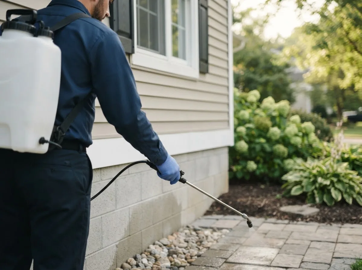 Pest control technician inspecting a home in Motley, MN
